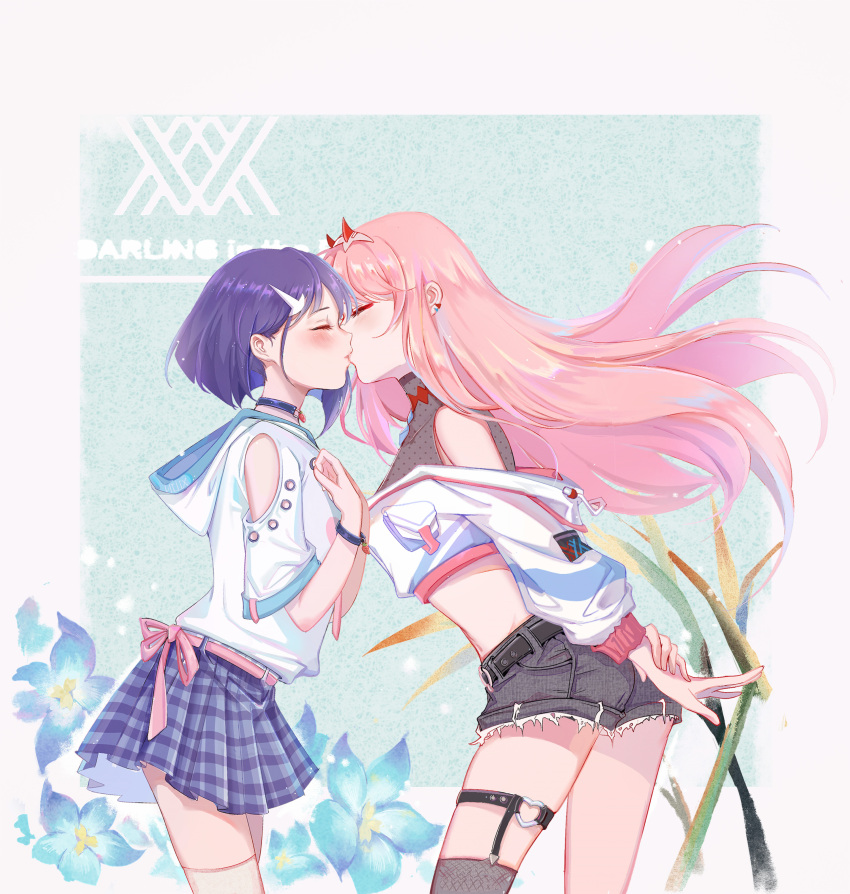 2girls absurdres arms_behind_back black_hair black_shorts blue_flower closed_eyes copyright_name crop_top darling_in_the_franxx denim denim_shorts earrings floating_hair flower from_side grey_legwear hair_ornament hairband hairclip highres ichigo_(darling_in_the_franxx) jewelry long_hair midriff miniskirt multiple_girls pink_hair pleated_skirt short_hair short_shorts shorts skirt standing strelizia striped striped_skirt thigh_strap torn_clothes torn_shorts very_long_hair xilin yuri zero_two_(darling_in_the_franxx)