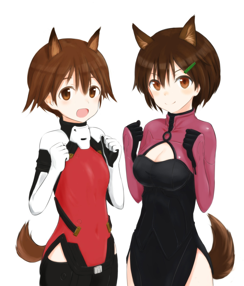 2girls absurdres alice_gear_aegis animal_ears black_pants brave_witches brown_eyes brown_hair cowboy_shot dog_ears dog_tail hair_ornament highres karibuchi_hikari lowlegist miyafuji_yoshika multicolored multicolored_clothes multiple_girls open_mouth pants pilot_suit side_slit simple_background smile squirrel_ears squirrel_tail strike_witches tail white_background world_witches_series