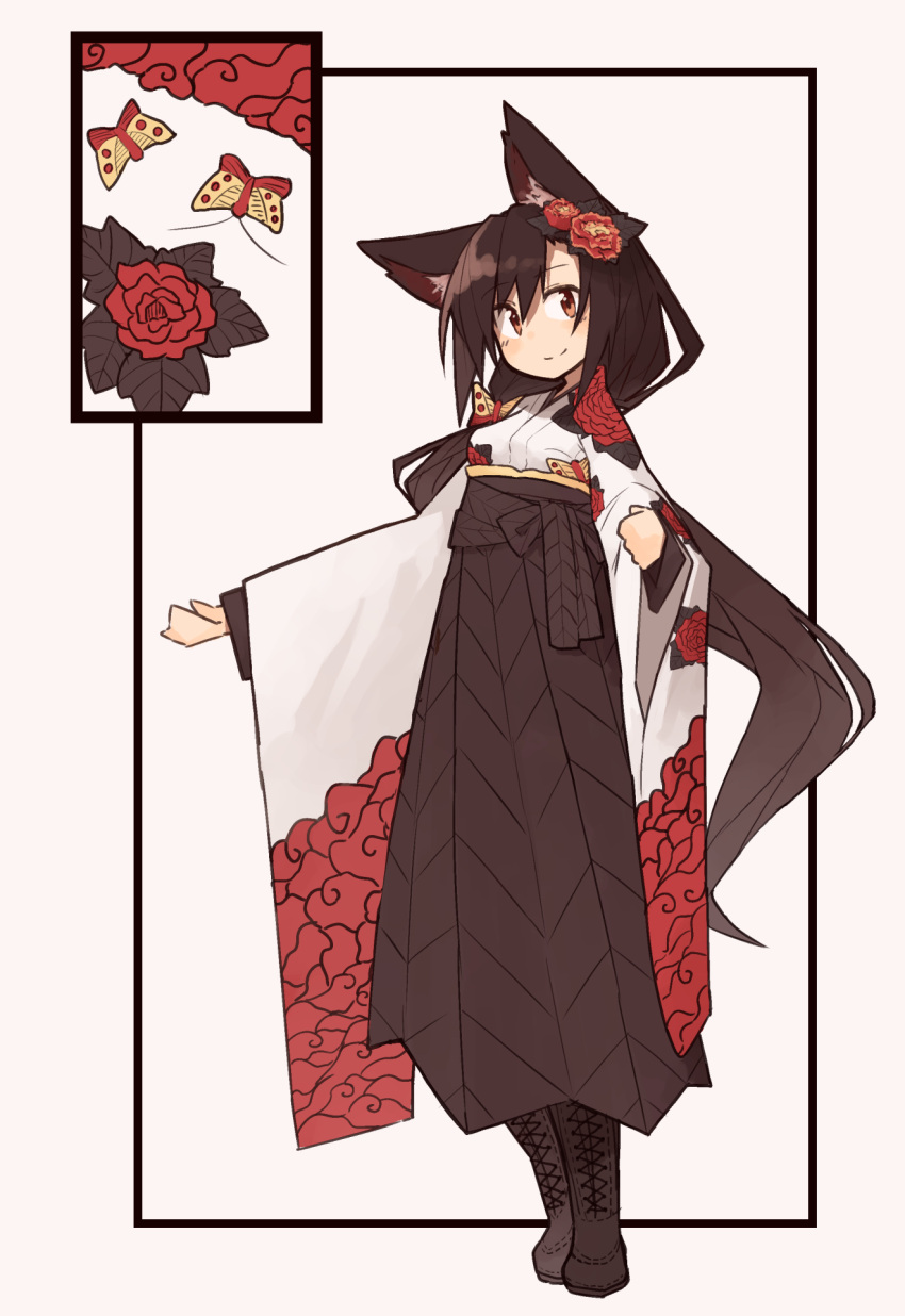 1girl animal_ears blush boots brown_hair bug butterfly closed_mouth commentary cross-laced_footwear flower full_body furisode hair_flower hair_ornament hanafuda highres imaizumi_kagerou insect japanese_clothes kaginoni kimono lace-up_boots long_hair long_sleeves looking_at_viewer red_eyes smile solo standing touhou wolf_ears