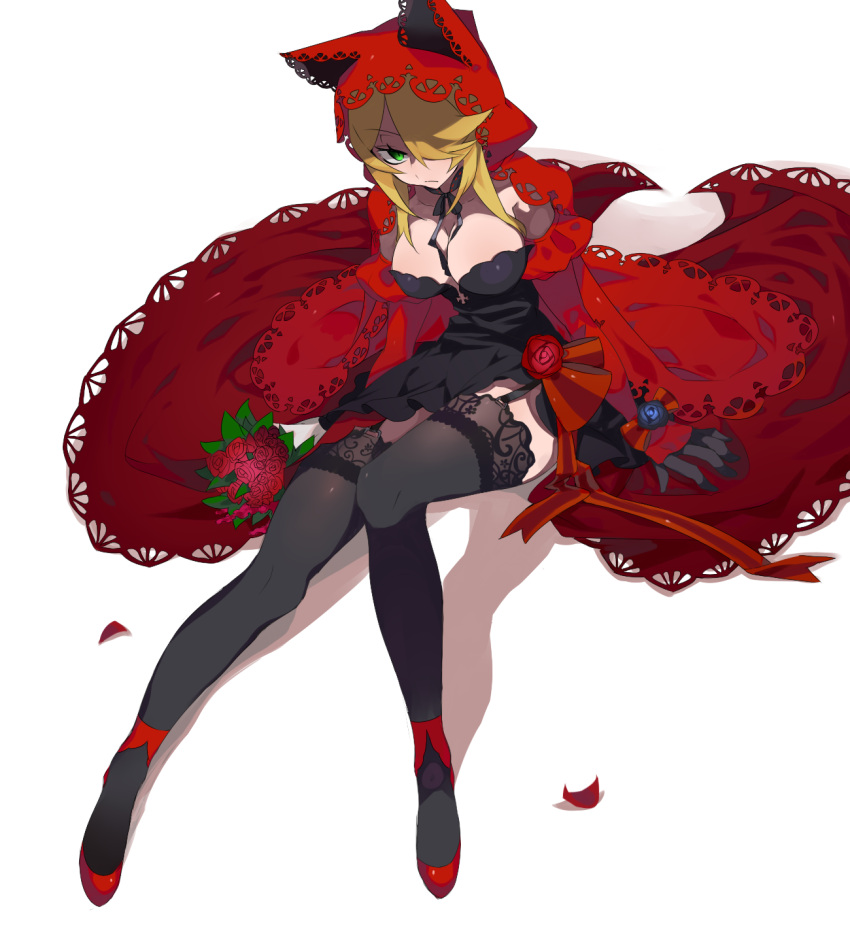 1girl animal_hood ara_taro bangs black_dress black_gloves black_legwear blonde_hair bouquet breasts cleavage commentary_request detached_sleeves dress flower full_body garter_straps gloves green_eyes hair_over_one_eye highres hood hoodie juliet_sleeves large_breasts long_hair long_sleeves looking_at_viewer original petals puffy_sleeves short_dress simple_background sitting sleeves_past_wrists solo swept_bangs thigh-highs tsurime white_background