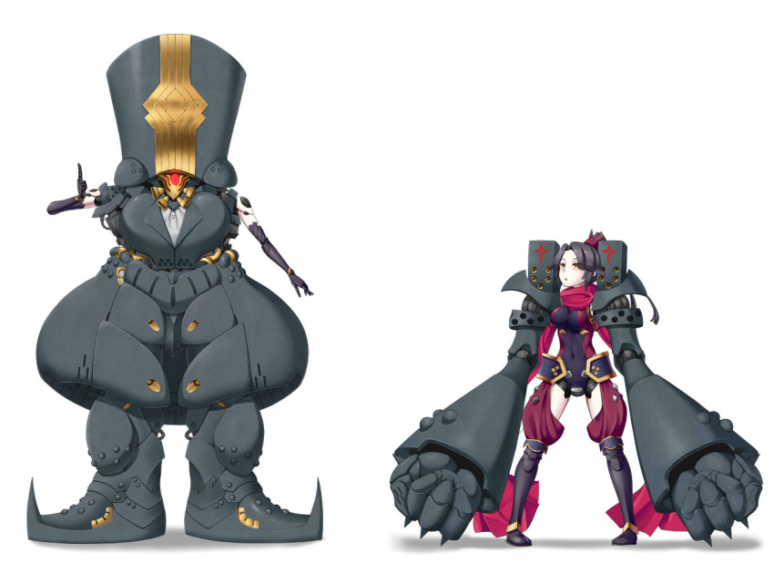 black_hair charles_babbage_(fate/grand_order) clenched_hands covered_navel fate/grand_order fate_(series) index_finger_raised katou_danzou_(fate/grand_order) kurobuchi_kintobi oversized_limbs ponytail red_eyes robot scarf yellow_eyes