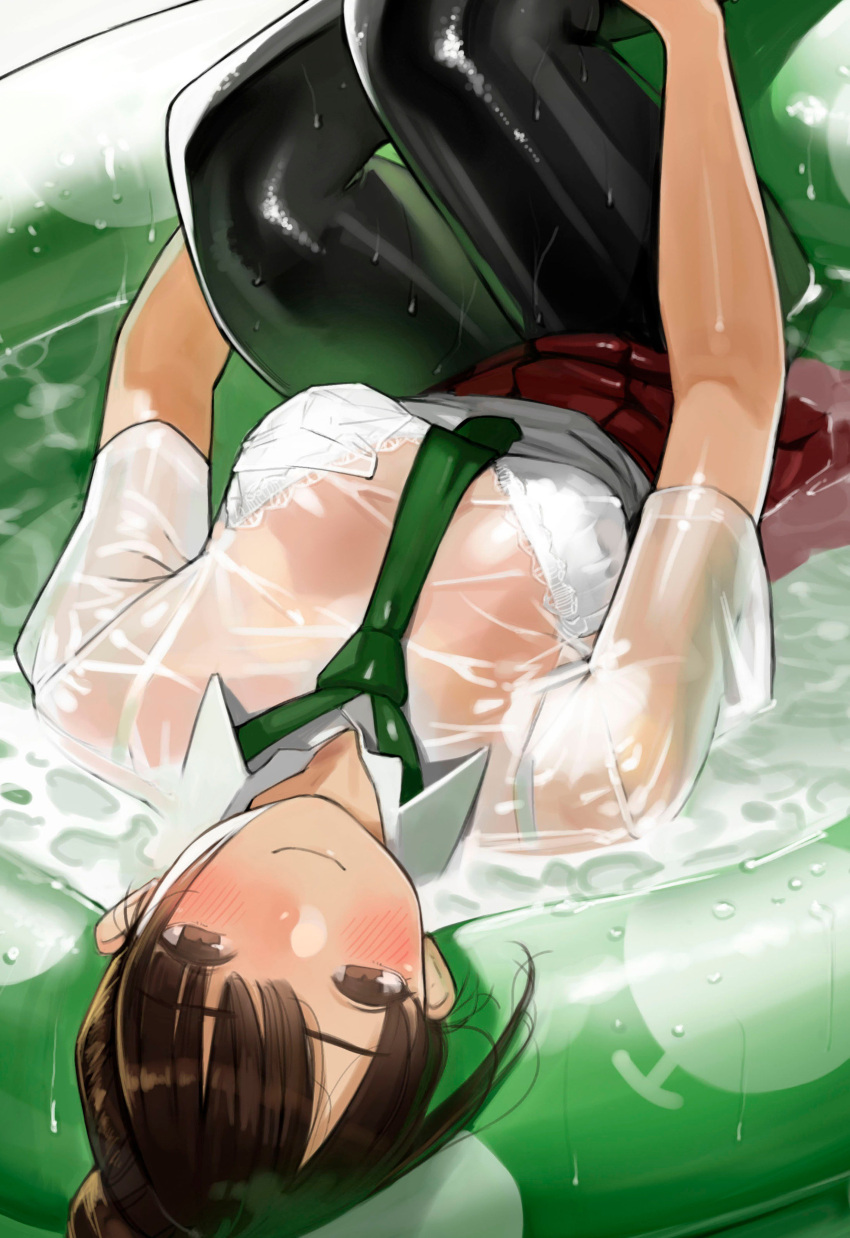 1girl absurdres black_legwear blush bra breasts brown_eyes brown_hair closed_mouth collared_shirt commentary_request eyebrows_visible_through_hair green_neckwear highres looking_at_viewer medium_breasts necktie original pantyhose pleated_skirt red_skirt shirt short_sleeves skirt smile solo underwear wading_pool water wet wet_clothes wet_shirt white_bra wing_collar yomu_(sgt_epper)