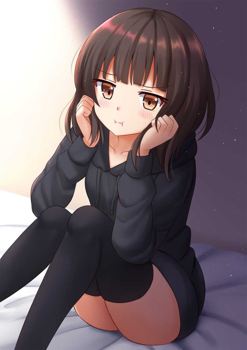 1girl :i ass bangs bed_sheet black_hoodie black_legwear blush borrowed_character brown_eyes brown_hair closed_mouth collarbone commentary drawstring dutch_angle eyebrows_visible_through_hair highres hood hood_down hoodie kazenokaze long_hair long_sleeves menhera no_pants original pout sitting solo thigh-highs