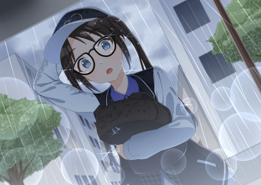 1girl arm_up bangs baseball_cap black_hair blue_eyes blush commentary_request david_dai eyebrows_visible_through_hair glasses hat idolmaster idolmaster_shiny_colors lens_flare_abuse long_hair looking_at_viewer mitsumine_yuika open_mouth rain solo sparkle twintails wet wet_clothes wet_hair