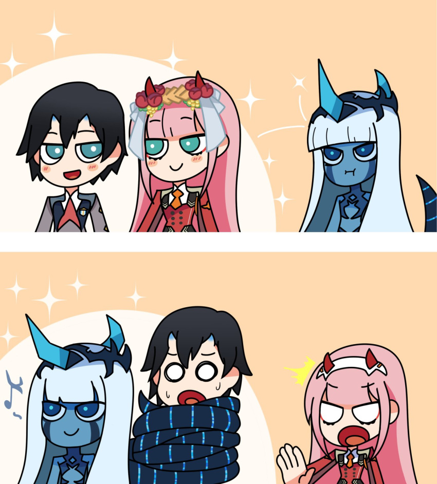 001_(darling_in_the_franxx) 1boy 2girls 2koma :t bangs black_hair blank_eyes blue_eyes blue_horns blue_skin blush_stickers comic commentary commentary_request darling_in_the_franxx eyebrows_visible_through_hair facial_scar flower fringe green_eyes hair_flower hair_ornament highres hiro_(darling_in_the_franxx) horns jealous light_blue_hair long_hair looking_at_another mato_(mozu_hayanie) military military_uniform multiple_girls musical_note necktie netorare oni_horns orange_neckwear parody pink_hair pout red_horns red_neckwear scar short_hair silent_comic spoken_musical_note style_parody sweat uniform user_cvct8874 zero_two_(darling_in_the_franxx)