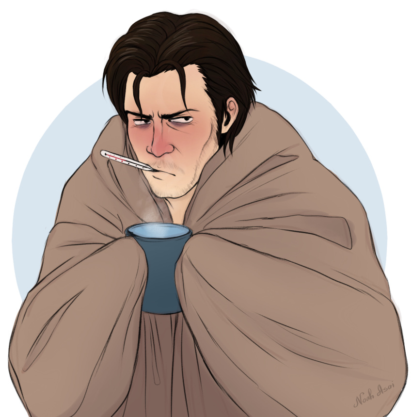 1boy black_hair blanket cold cup grey_background highres holding holding_cup hot_drink looking_at_viewer male_focus mouth_hold noah_asai sebastian_castellanos solo the_evil_within thermometer white_background