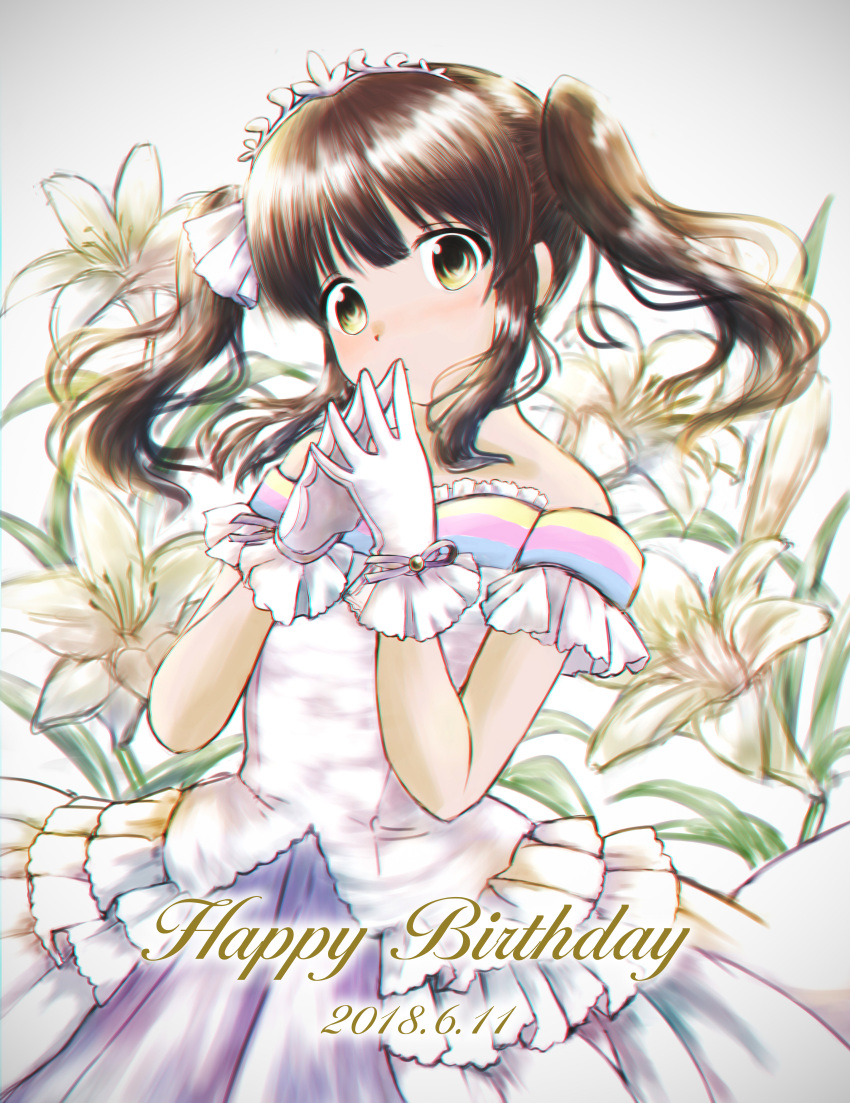 1girl absurdres bare_shoulders blush brown_eyes brown_hair chromatic_aberration commentary dated detached_sleeves dress flower gloves happy_birthday highres idolmaster idolmaster_cinderella_girls lily_(flower) long_hair looking_at_viewer ogata_chieri own_hands_together ribbon simple_background solo steepled_fingers tiara twintails urota_shimapann white_dress white_gloves wrist_ribbon