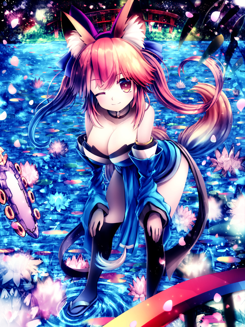 1girl absurdres animal_ears bare_shoulders blue_legwear bow breasts brown_hair cleavage detached_sleeves fate/extra fate/grand_order fate_(series) flower fox_ears fox_tail hair_bow hair_ribbon highres japanese_clothes kimono large_breasts lotus mirror night one_eye_closed outdoors pink_hair ribbon solo suiten_nikkou_amaterasu_yanoshisu_ishi tail tamamo_(fate)_(all) tamamo_no_mae_(fate) tranquillianusmajor twintails water yellow_eyes