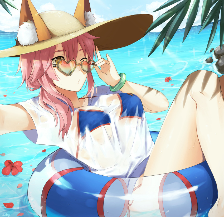 1girl ;3 animal_ears bikini bikini_under_clothes blue_bikini breasts buttery_(zzzbutterzzz) cleavage ears_through_headwear fate/grand_order fate_(series) fox_ears fox_tail hat highres innertube large_breasts ocean pink_hair see-through self_shot shirt side-tie_bikini solo straw_hat sunglasses swimsuit tail tamamo_(fate)_(all) tamamo_no_mae_(swimsuit_lancer)_(fate) wet wet_clothes wet_shirt wet_t-shirt yellow_eyes