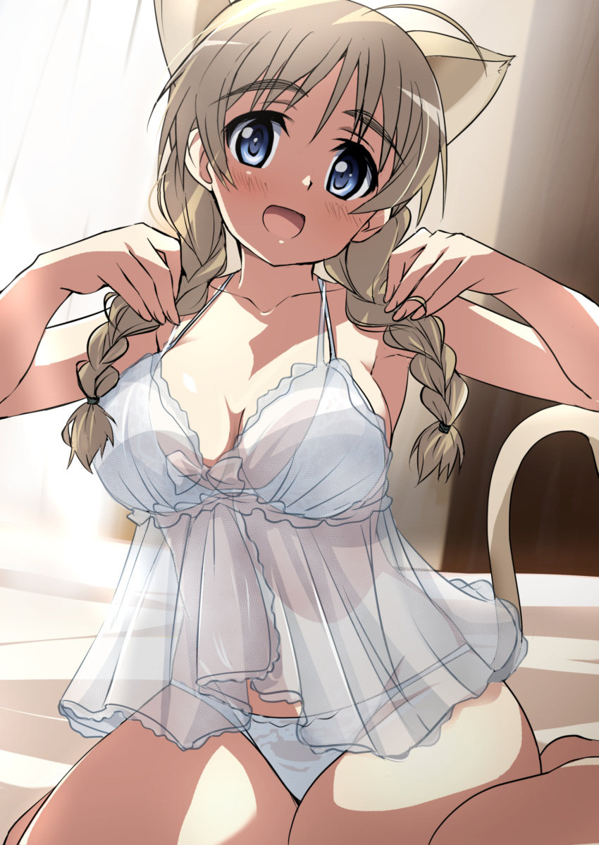 1girl absurdres animal_ears babydoll backlighting bed blue_eyes blush braid breasts brown_hair cat_ears commentary_request eyebrows_visible_through_hair highres indoors lingerie long_hair looking_at_viewer lynette_bishop medium_breasts navel panties see-through shiny shiny_hair shiny_skin solo strike_witches tail tokiani underwear underwear_only white_panties world_witches_series