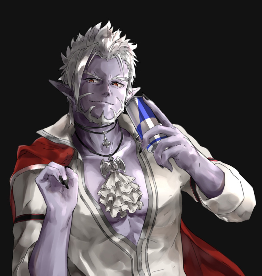 1boy beard cape cape_removed closed_mouth commentary energy_drink epi_zero facial_hair gilzaren_iii highres jewelry necklace nijisanji pointy_ears purple_skin red_eyes short_hair smile solo virtual_youtuber white_hair