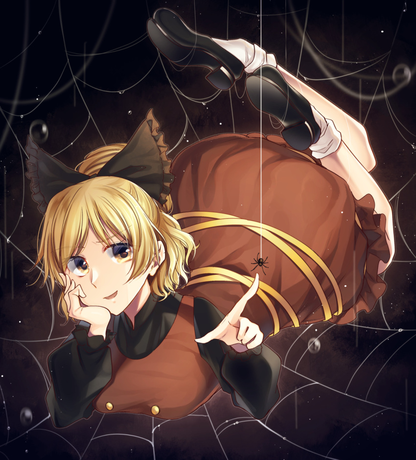 1girl arm_support black_bow black_footwear black_shirt blonde_hair bow brown_dress bug commentary_request dress full_body hair_bow highres index_finger_raised kaede_(mmkeyy) kurodani_yamame long_sleeves looking_at_viewer ponytail shirt shoes silk socks solo spider spider_web touhou white_legwear yellow_eyes