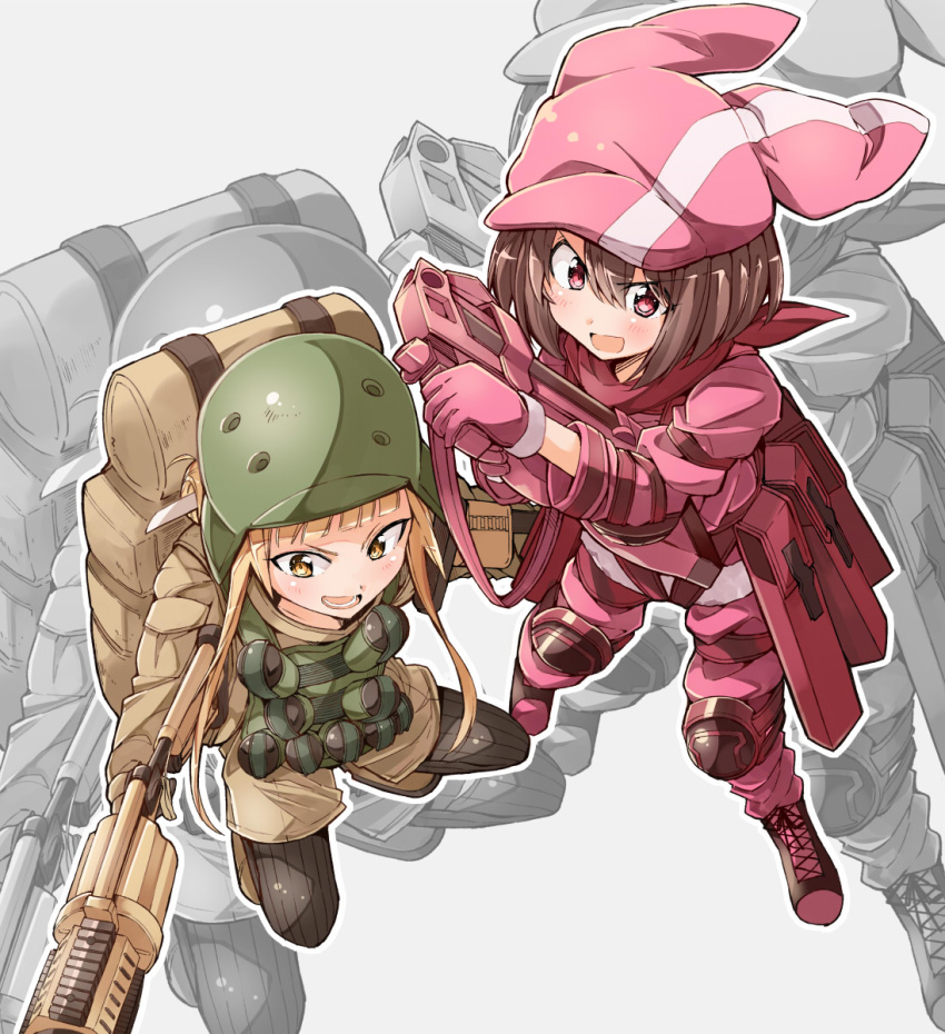 2girls animal_hat bandanna bibi black_legwear blonde_hair blush boots brown_hair bullpup commentary_request cross-laced_footwear from_above fukaziroh_(sao) gloves grey_background gun hat helmet highres llenn_(sao) long_sleeves multiple_girls open_mouth p90 pink_bandana pink_gloves pink_hat red_eyes short_hair simple_background smile striped striped_legwear submachine_gun sword_art_online sword_art_online_alternative:_gun_gale_online vertical-striped_legwear vertical_stripes weapon yellow_eyes zoom_layer