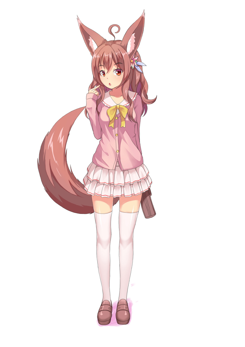 1girl ahoge animal_ears arm_behind_back arm_up bag brown_eyes brown_hair dog_ears dog_tail finger_to_mouth flower full_body hair_flower hair_ornament highres kemo_(pokka) long_hair long_tail open_mouth original pink_shirt shirt shoes skirt solo tail thigh-highs white_legwear white_skirt