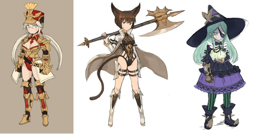 3girls animal_ears armor armored_boots armored_leotard axe black_dress black_footwear black_neckwear blonde_hair blue_eyes boots bow bowtie brown_background brown_eyes brown_hair brown_leotard cape clenched_hands dress eyepatch fishnet_fabric gloves green_hair hat highres holding holding_axe holding_weapon leotard long_hair looking_at_viewer low_twintails multicolored multicolored_background multiple_girls necktie original purple_dress red_footwear red_hat red_leotard red_neckwear short_hair simple_background sookmo tail thigh-highs thigh_boots twintails weapon white_background white_cape white_footwear witch witch_hat