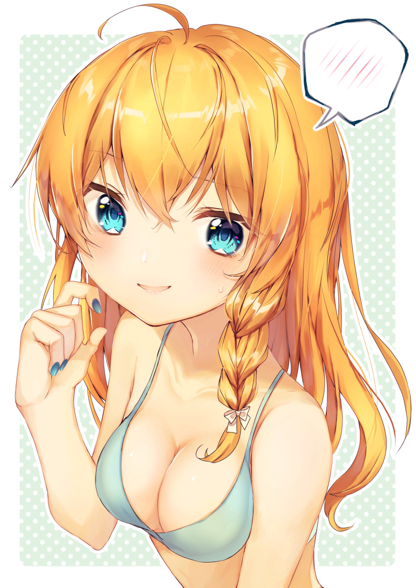 1girl absurdres ahoge bare_arms bare_shoulders bikini_top blonde_hair blue_bikini_top blue_eyes blue_nails blush braid breasts cleavage collarbone commentary_request eyebrows_visible_through_hair green_background hair_between_eyes hand_up highres kirisame_marisa long_hair looking_at_viewer medium_breasts nail_polish nenobi_(nenorium) no_hat no_headwear polka_dot polka_dot_background single_braid smile solo spoken_blush swimsuit touhou upper_body white_border