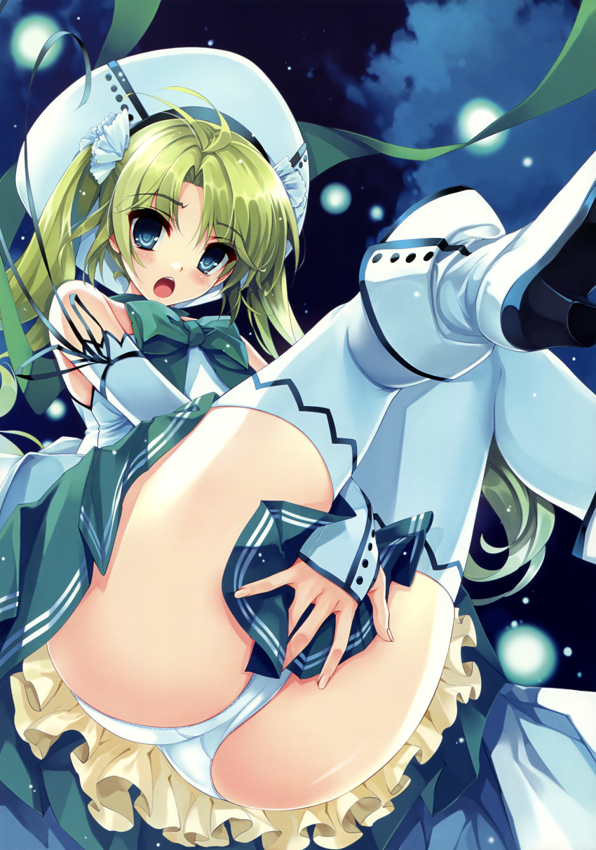 1girl :o absurdres bare_shoulders blue_eyes blush boots bow clouds comic_aun covering covering_crotch detached_sleeves from_below green_hair hat high_heels highres misaki_kurehito night night_sky open_mouth panties pleated_skirt scan shoes skirt sky solo tears thigh-highs twintails underwear white_legwear white_panties