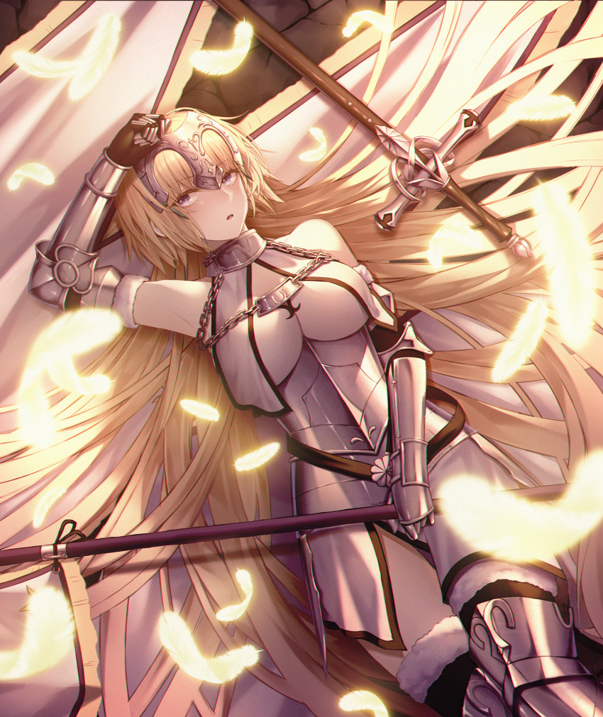 1girl absurdly_long_hair arm_up armor armored_boots armored_dress bangs banner black_legwear blonde_hair blunt_bangs boots breasts breasts_apart brown_eyes cecil86 dress eyebrows_visible_through_hair fate/apocrypha fate_(series) feathers from_above fur_trim gauntlets highres holding holding_weapon jeanne_d'arc_(fate) jeanne_d'arc_(fate)_(all) large_breasts long_hair looking_at_viewer lying on_back open_mouth smile solo sword thigh-highs thigh_boots very_long_hair weapon white_dress