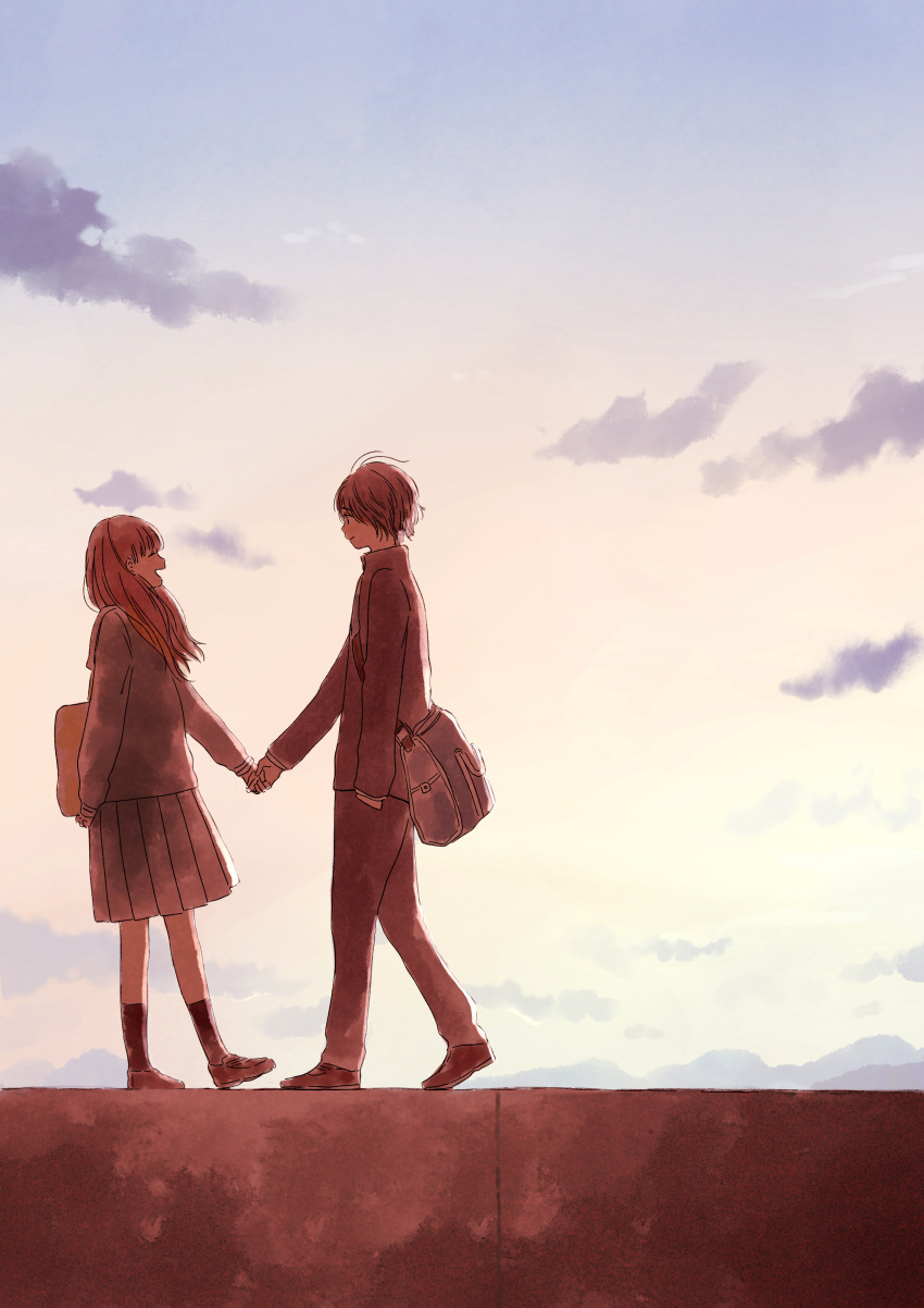 1boy 1girl ^_^ absurdres arm_behind_back backlighting bag bangs blunt_bangs brown_hair closed_eyes closed_mouth clouds couple evening floating_hair from_side full_body gradient_sky hand_holding hand_in_pocket happy hetero high_collar highres itunohika kneehighs leg_lift loafers long_hair long_sleeves looking_at_another open_mouth original outdoors pants pleated_skirt profile school_bag school_uniform shoes skirt sky sleeve_cuffs smile socks sunset tareme walking wind |d