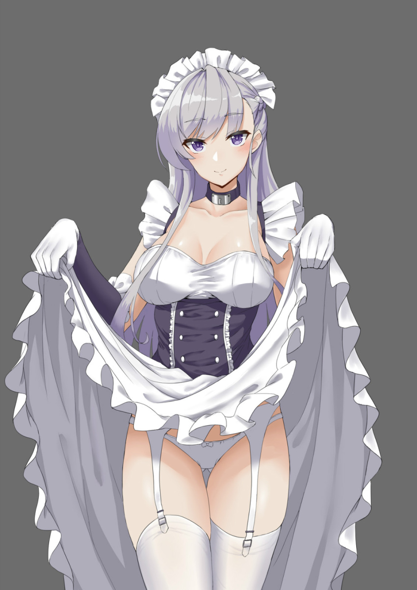 1girl apron azur_lane bangs belfast_(azur_lane) blush bow bow_panties braid breasts cleavage closed_mouth collar collarbone da_chu_z_jun dress dress_lift elbow_gloves eyebrows_visible_through_hair french_braid frilled_gloves frills garter_straps gloves grey_background highres large_breasts lifted_by_self long_hair looking_at_viewer maid maid_headdress panties pantyshot pantyshot_(standing) sidelocks silver_hair simple_background skindentation skirt skirt_lift smile solo standing thigh-highs thighs underwear violet_eyes white_gloves white_legwear white_panties