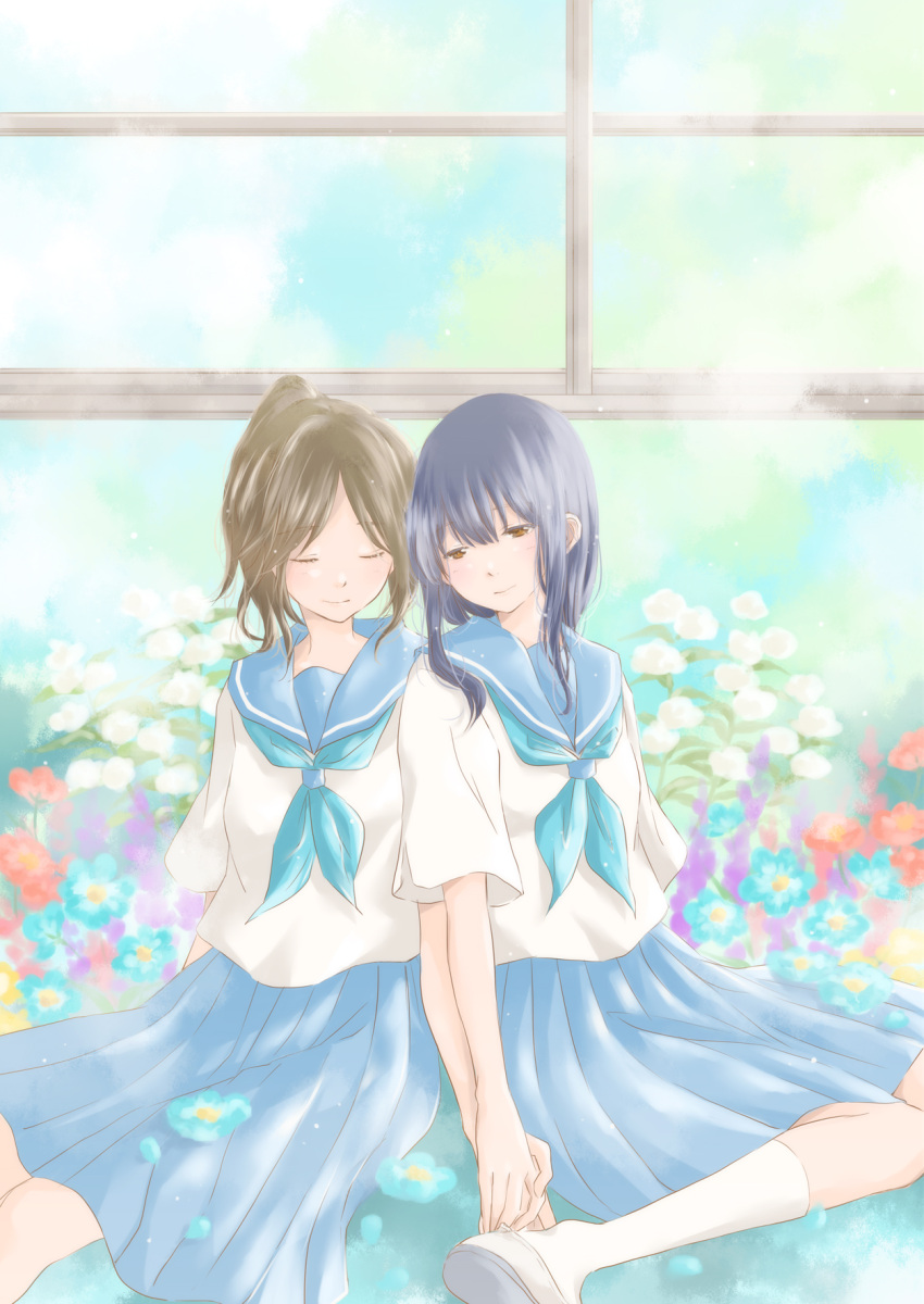 2girls bangs blue_background blue_hair blue_neckwear blue_skirt blue_sky brown_eyes brown_hair closed_eyes clouds commentary_request eyebrows_visible_through_hair facing_away flower half-closed_eyes hand_holding hibike!_euphonium highres hoshiibara_mato kasaki_nozomi kneehighs leaning_on_person liz_to_aoi_tori long_hair looking_away looking_down multiple_girls neckerchief pleated_skirt ponytail sailor_collar school_uniform serafuku shoes short_hair short_sleeves sidelocks sitting skirt sky smile uwabaki wariza white_footwear white_legwear window yoroizuka_mizore yuri