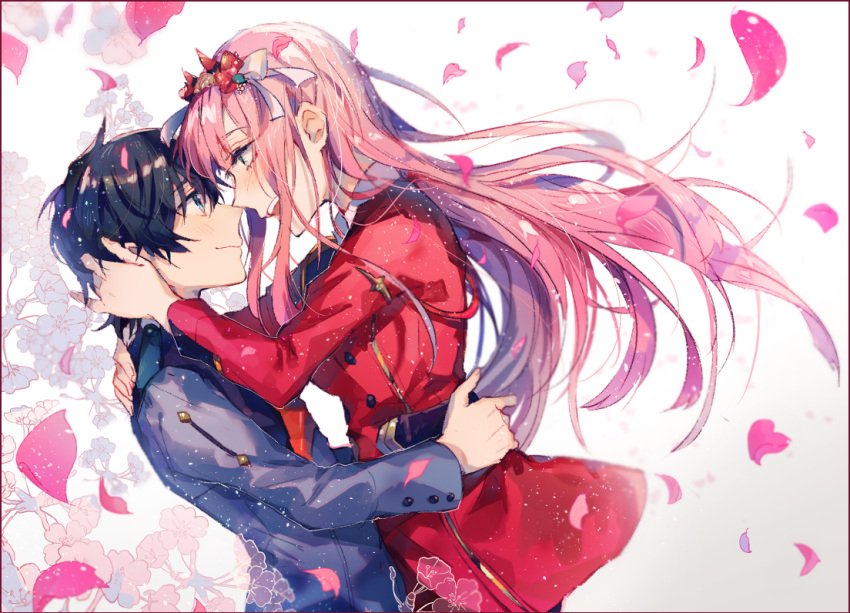 1boy 1girl bangs black_hair blue_eyes blush commentary couple darling_in_the_franxx eyebrows_visible_through_hair face-to-face facing_another flower forehead-to-forehead fringe green_eyes hair_flower hair_ornament hand_on_another's_head hands_on_another's_waist hetero hiro_(darling_in_the_franxx) horns hug long_hair long_sleeves looking_at_another military military_uniform necktie oni_horns onko pink_hair red_horns red_neckwear short_hair uniform zero_two_(darling_in_the_franxx)