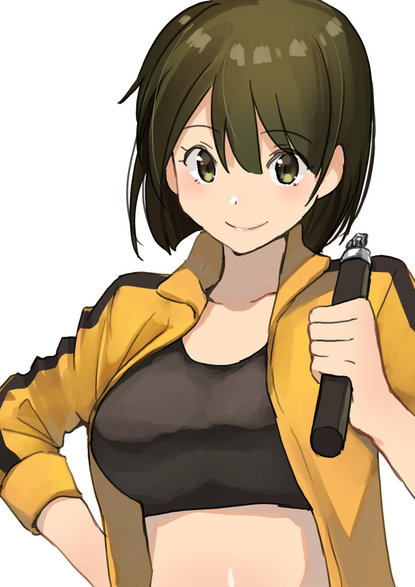 1girl alternate_costume breasts brown_eyes brown_hair commentary eyebrows_visible_through_hair highres hiryuu_(kantai_collection) kantai_collection large_breasts looking_at_viewer masukuza_j midriff nunchaku one_side_up open_clothes open_shirt shirt short_hair simple_background smile solo upper_body weapon white_background yellow_shirt