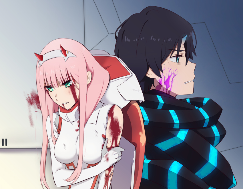 1boy 1girl bangs black_bodysuit black_hair blood blood_from_mouth blood_on_face blue_eyes blue_horns bodysuit breasts closed_eyes commentary couple darling_in_the_franxx facial_scar fringe gloves green_eyes hair_ornament hairband hand_on_own_arm hetero highres hiro_(darling_in_the_franxx) horns k_016002 long_hair medium_breasts oni_horns pilot_suit pink_hair red_horns scar short_hair torn_bodysuit torn_clothes white_bodysuit white_gloves white_hairband zero_two_(darling_in_the_franxx)