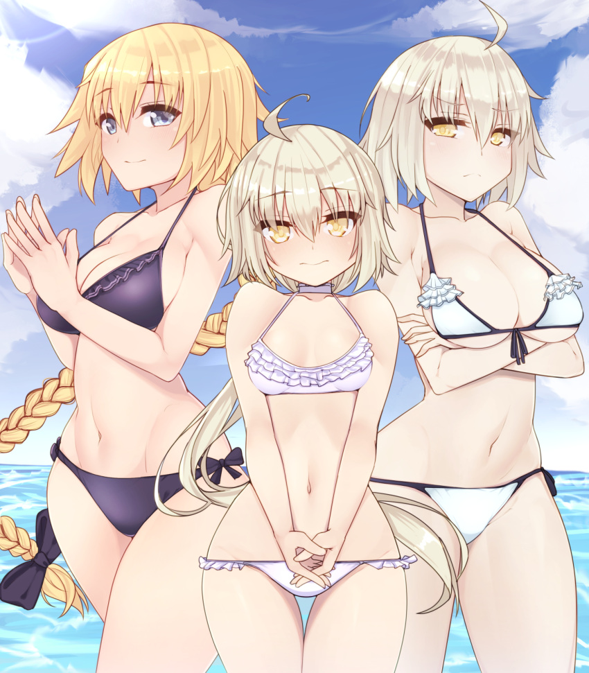 3girls ahoge alternate_costume arched_back bangs bare_shoulders bikini blonde_hair braid breasts closed_mouth clouds cowboy_shot criss-cross_halter crossed_arms dura eyebrows_visible_through_hair fate/grand_order fate_(series) frilled_bikini frills groin hair_between_eyes halter_top halterneck headpiece height_difference highres interlocked_fingers jeanne_d'arc_(alter)_(fate) jeanne_d'arc_(fate) jeanne_d'arc_(fate)_(all) jeanne_d'arc_alter_santa_lily large_breasts long_braid long_hair looking_at_viewer lowleg lowleg_bikini midriff multiple_girls navel open_mouth outdoors ponytail purple_bikini short_hair side-tie_bikini sideboob silver_hair single_braid sky small_breasts smile swimsuit thighs under_boob v_arms very_long_hair white_bikini worried