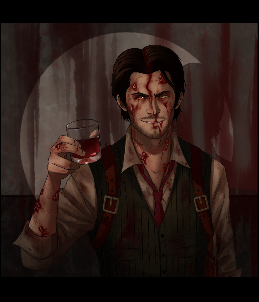 1boy alcohol black_hair bleeding blood collared_shirt cup dark drinking_glass facial_hair green_vest grin highres holding holding_drinking_glass indoors injury letterboxed looking_at_viewer male_focus mustache necktie noah_asai red_neckwear sebastian_castellanos shirt smile solo striped_neckwear stubble the_evil_within vest white_shirt wine wine_glass yellow_eyes