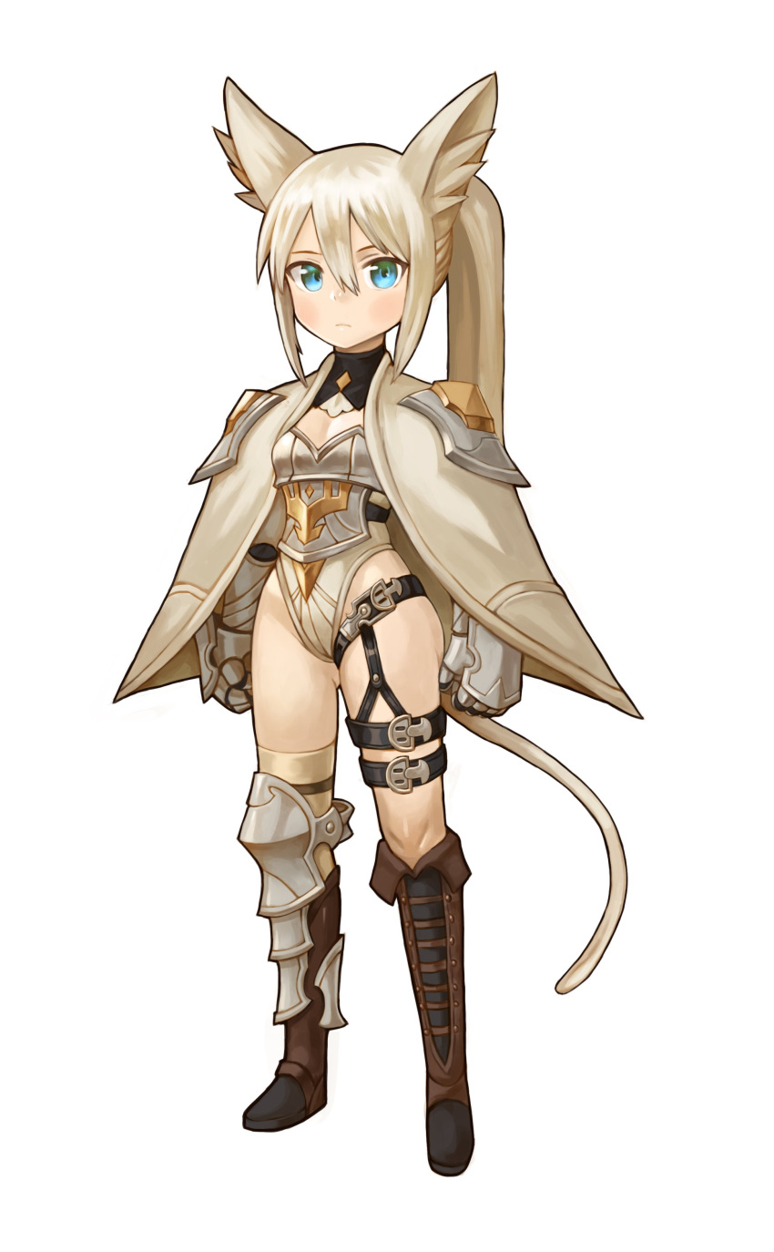1girl absurdres animal_ears armor armored_boots blonde_hair blue_eyes blush boots brown_footwear cat_ears cat_girl cat_tail clenched_hands cross-laced_footwear expressionless gloves gluteal_fold highres legs_apart long_hair long_ponytail looking_at_viewer mismatched_footwear original ponytail simple_background single_thigh_boot solo sookmo standing tail thigh-highs thigh_boots very_long_hair white_background