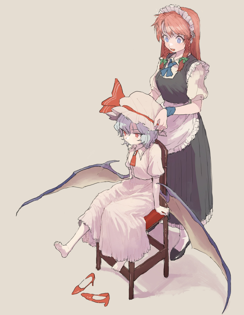 2girls alternate_costume apron barefoot bat_wings beige_background black_dress black_footwear blue_eyes bow braid chair commentary_request dress enmaided green_bow hair_bow hat hat_ribbon high_heels highres hong_meiling lavender_hair long_hair maid maid_headdress mob_cap motsuni_(artist) multiple_girls puffy_short_sleeves puffy_sleeves red_footwear red_ribbon redhead remilia_scarlet ribbon shoes shoes_removed short_hair short_sleeves simple_background sitting skirt skirt_set standing touhou twin_braids waist_apron wings wrist_cuffs