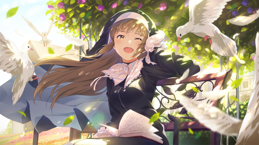 1girl bangs bench bird book brown_eyes frilled_gloves frills gloves habit highres light_brown_hair long_hair narumi_nanami nijisanji nun open_mouth outdoors pigeon sister_cleaire sitting sitting_on_bench solo tree virtual_youtuber white_gloves