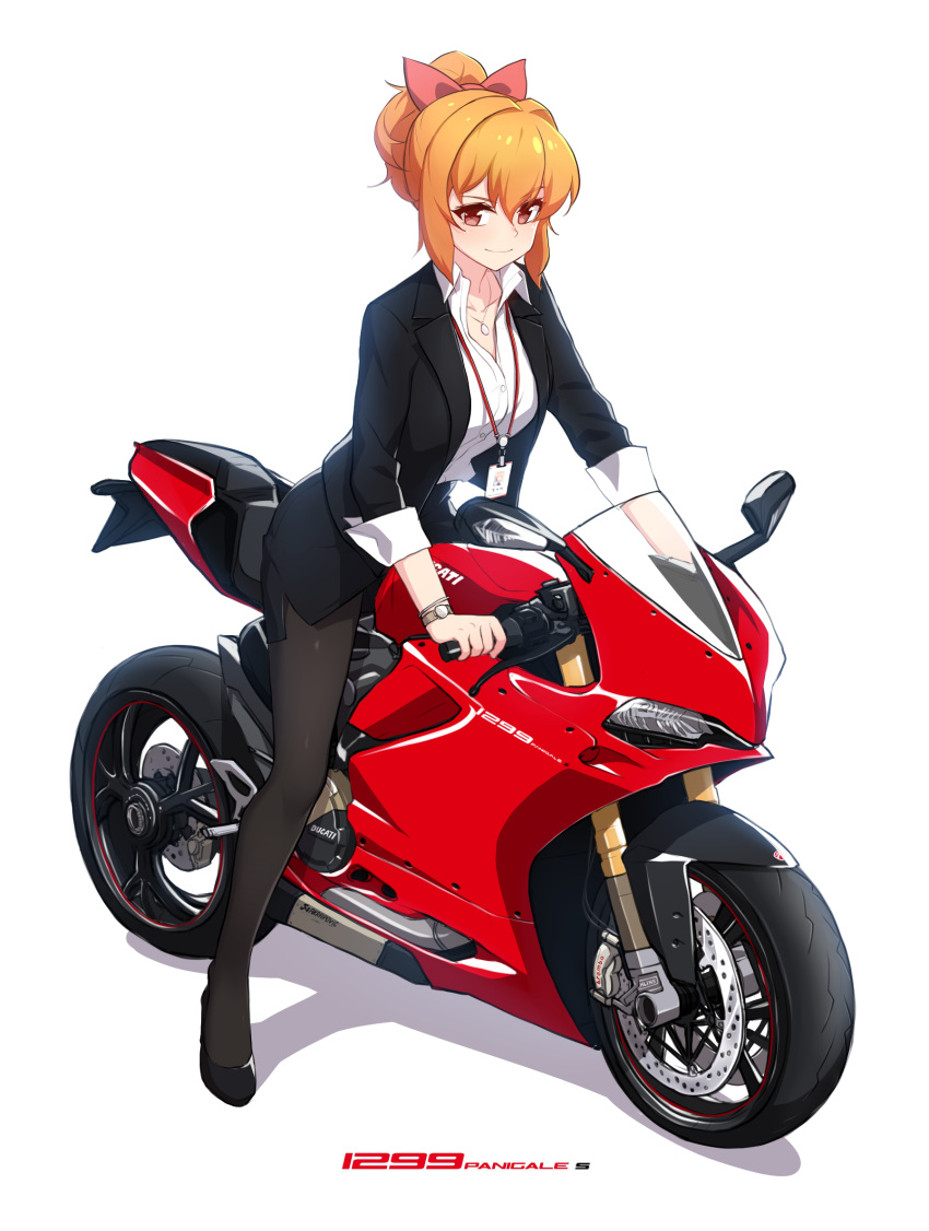 1girl black_footwear black_jacket black_legwear black_skirt bow brown_eyes commentary ducati full_body ground_vehicle hair_bow high_heels highres jacket jewelry looking_at_viewer motor_vehicle motorcycle name_tag narynn narynn_(character) necklace office_lady orange_hair original pantyhose ponytail red_bow shirt simple_background skirt smile solo white_background white_shirt