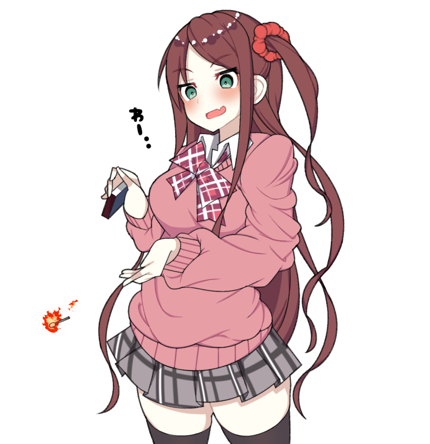 1girl :d akabane_youko black_legwear blush bow brown_hair cardigan eyebrows_visible_through_hair fang fire green_eyes hair_ornament hair_scrunchie highres long_hair long_sleeves matchbox matches miniskirt nijisanji omas_lie one_side_up open_mouth pink_cardigan plaid plaid_bow plaid_skirt pleated_skirt red_scrunchie scrunchie skirt sleeves_past_fingers smile solo thigh-highs very_long_hair virtual_youtuber white_background zettai_ryouiki