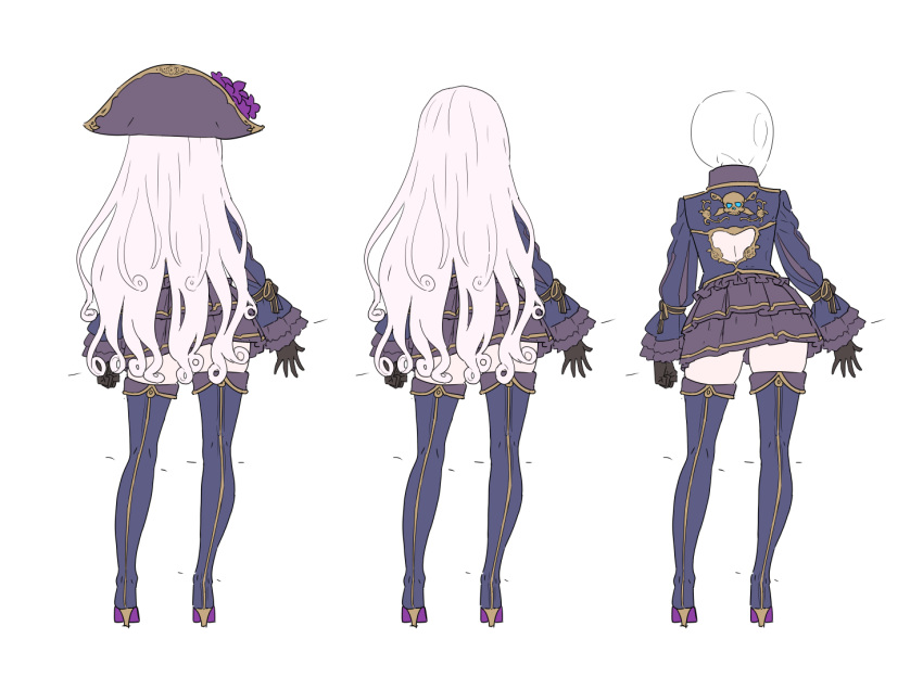 1girl back_cutout black_gloves blue_jacket blue_legwear brown_skirt contrapposto facing_away from_side gloves hat heart_cutout jacket long_hair long_sleeves nagisa_kurousagi original pleated_skirt simple_background skirt smile solo thigh-highs tricorne very_long_hair white_background white_hair zettai_ryouiki