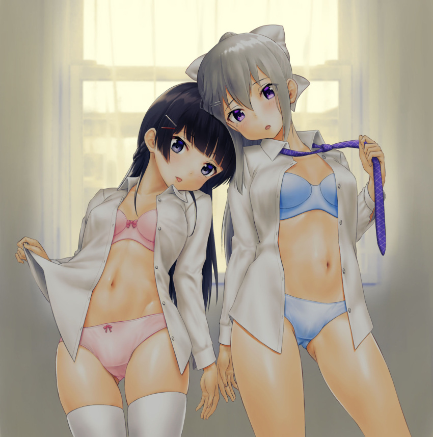 2girls :p backlighting black_eyes black_hair bow bow_bra bow_panties bra commentary cowboy_shot crotch_seam curtains dress_shirt es_(donnerschlag) gluteal_fold grey_bow grey_hair hair_bow hair_ornament hairclip head_tilt highres higuchi_kaede leaning_on_person long_hair looking_at_viewer mole mole_under_eye multiple_girls navel necktie necktie_grab neckwear_grab nijisanji no_pants open_clothes open_shirt panties parted_lips pink_bra pink_panties shirt shirt_grab skindentation standing thigh-highs tongue tongue_out tsukino_mito underwear violet_eyes virtual_youtuber white_shirt window wing_collar