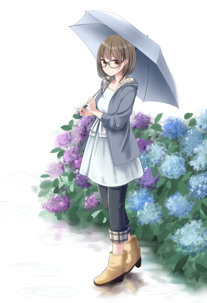 1girl beige_footwear black_pants blue_flower blush boots brown_eyes brown_hair closed_mouth commentary_request dress flower glasses grey-framed_eyewear grey_jacket highres holding holding_umbrella hood hood_down hooded_jacket hydrangea jacket long_sleeves nekobaka open_clothes open_jacket original pants polka_dot purple_flower ripples short_hair solo standing umbrella white_background white_dress white_umbrella