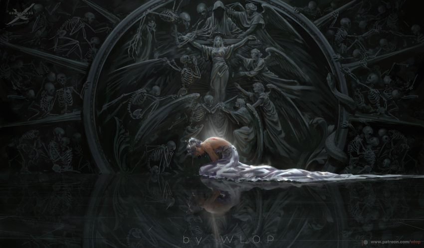 1girl artist_name commentary dress ghostblade grey_dress highres looking_down reflection skeleton solo water wings wlop