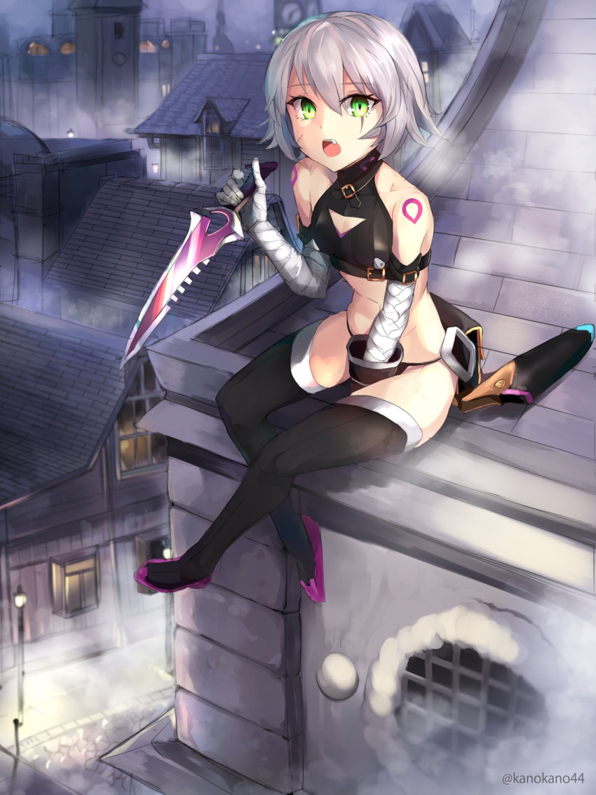 1girl artist_name asymmetrical_gloves bandage bangs black_gloves black_legwear black_pants cleavage_cutout crop_top eyebrows_visible_through_hair fang fate/apocrypha fate_(series) flat_chest full_body gloves green_eyes hair_between_eyes highres holding holding_knife jack_the_ripper_(fate/apocrypha) kano_(kanokano44) knife looking_at_viewer night open_mouth outdoors pants pixiv_fate/grand_order_contest_2 road scar scar_across_eye sheath sheathed short_hair silver_hair sitting solo street thigh-highs