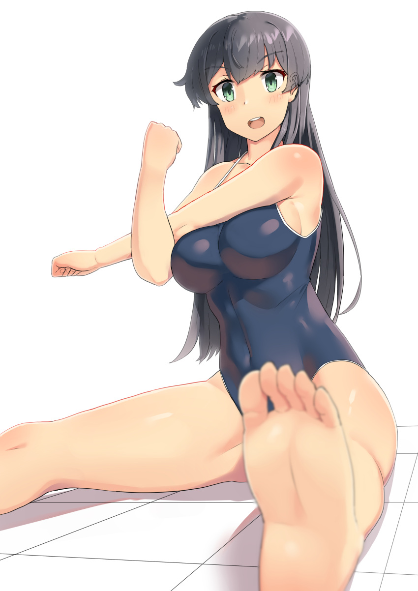 1girl absurdres agano_(kantai_collection) barefoot black_hair blush breasts clenched_hands collarbone ears_visible_through_hair eyebrows_visible_through_hair green_eyes highres kantai_collection large_breasts long_hair open_mouth sideboob simple_background soles solo soushou_nin toes white_background