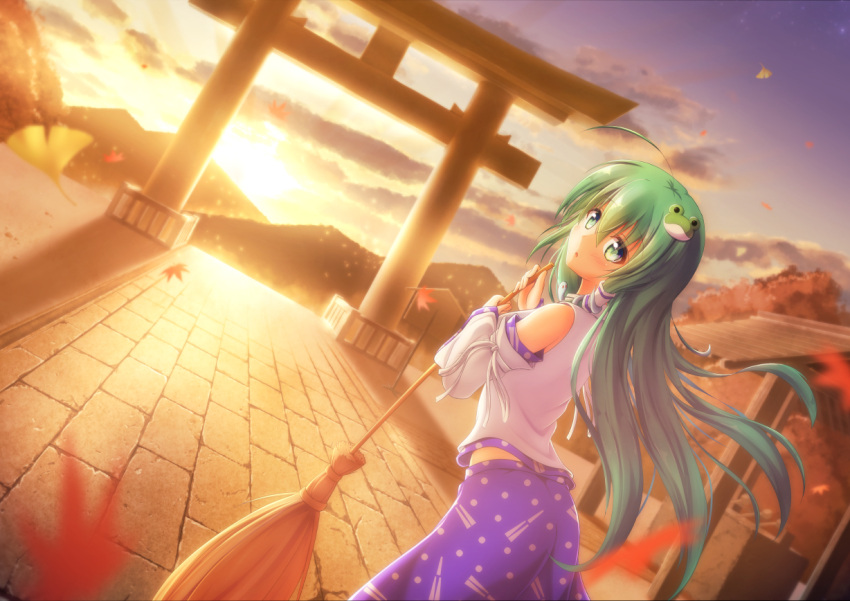 1girl ahoge ass bare_shoulders blue_skirt broom clouds commentary detached_sleeves dutch_angle frog_hair_ornament from_behind gradient_sky green_eyes green_hair hair_ornament hair_tubes holding kochiya_sanae leaf long_hair long_sleeves looking_at_viewer looking_back nullpuni orange_sky parted_lips purple_sky revision shirt skirt sky sleeveless sleeveless_shirt snake_hair_ornament sunset touhou white_shirt wide_sleeves
