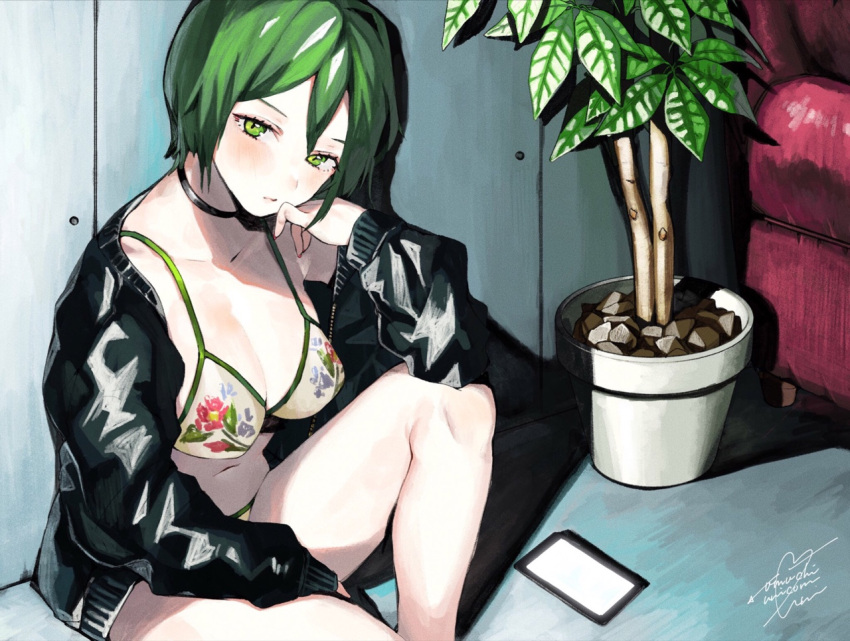 1girl armchair bangs bikini black_choker black_jacket breasts cellphone chair choker cleavage closed_mouth collarbone day eyelashes floral_print flower_pot green_eyes green_hair hair_between_eyes hand_on_own_chin indoors jacket knee_up large_breasts leaf legs long_sleeves looking_at_viewer navel open_clothes open_jacket original phone plant potted_plant short_hair signature sitting smartphone solo stomach swimsuit uni_(melm)
