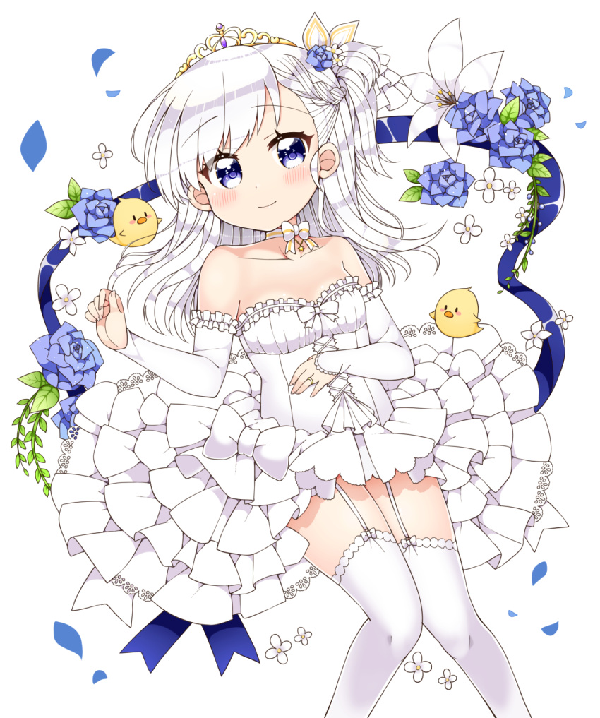 1girl azur_lane bare_shoulders belchan_(azur_lane) belfast_(azur_lane) bird blue_eyes blue_ribbon blush braid breasts bridal_gauntlets chick collarbone commentary_request diadem dress elbow_gloves eyebrows_visible_through_hair flower flower_request garter_straps gloves hand_on_own_stomach highres jewelry kanjitomiko long_hair looking_at_viewer neck_ribbon one_side_up petals ribbon ring silver_hair simple_background smile solo wedding_band wedding_dress white_background white_dress white_gloves white_legwear