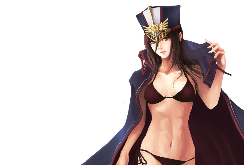 1girl bra breasts cape hat long_hair looking_at_viewer meleph_(xenoblade) military military_hat navel panties simple_background solo underwear white_background xenoblade_(series) xenoblade_2 yuuta_(ruin0811)