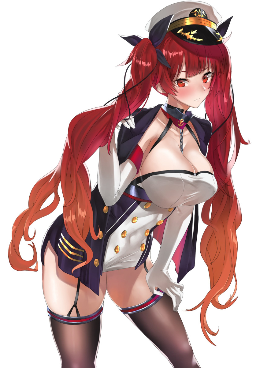 1girl absurdres azur_lane bangs black_legwear blush breasts chains cleavage collar dress elbow_gloves fujitsubo_(hujitubo0731) gloves hair_ribbon hat highres honolulu_(azur_lane) jacket_on_shoulders large_breasts long_hair looking_at_viewer red_eyes redhead ribbon thigh-highs twintails