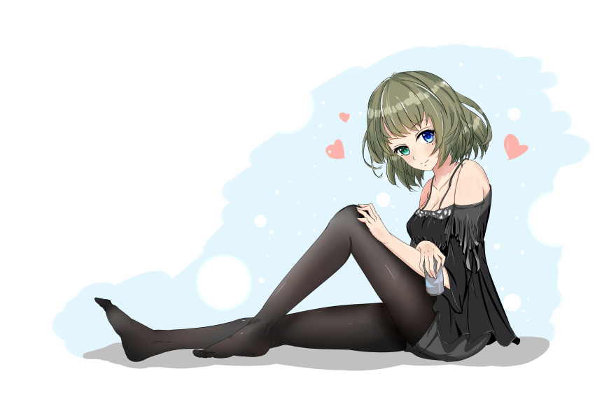 1girl absurdres black_legwear black_shirt blue_eyes blush breasts can cleavage collarbone eyebrows_visible_through_hair from_side full_body green_hair grey_shorts hand_on_own_knee heart heterochromia highres holding holding_can idolmaster idolmaster_cinderella_girls jyl_(tiankonghuayin) looking_at_viewer medium_breasts pantyhose shiny shiny_skin shirt short_shorts shorts simple_background sitting smile solo takagaki_kaede white_background