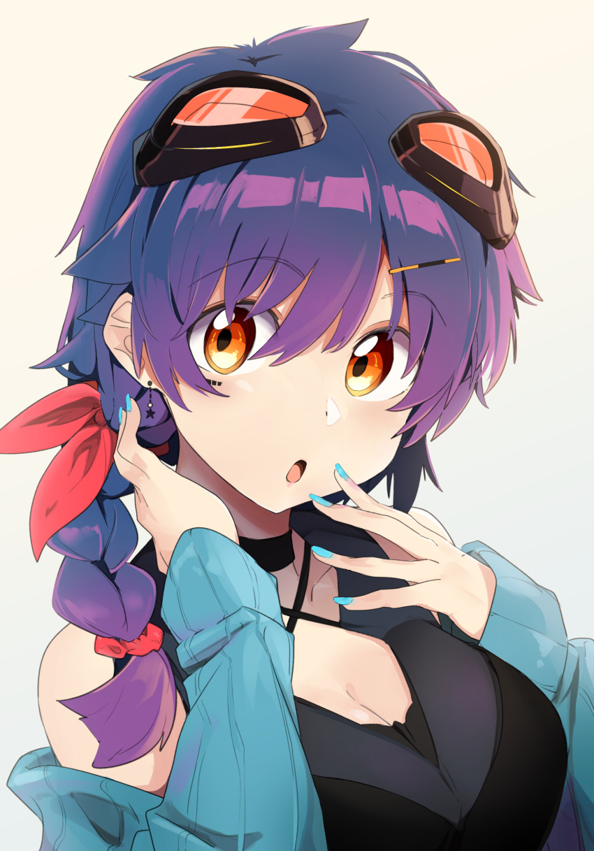 1girl :o bare_shoulders blue_hair blue_sweater braid breasts cleavage ear_piercing eyebrows_visible_through_hair goggles goggles_on_head hair_braid hair_ornament hair_over_shoulder hair_ribbon hairclip highres kazenoko large_breasts long_hair looking_at_viewer nail_polish off-shoulder_sweater orange_eyes original piercing red_ribbon ribbed_sweater ribbon simple_background single_braid solo sweater tomboy white_background