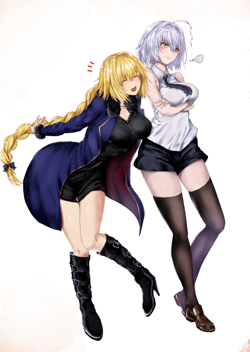 2girls absurdres ahoge bangs black_dress blonde_hair blush boots braid breasts commentary_request dress fate/grand_order fate_(series) highres janne_d'arc jeanne_d'arc_(alter)_(fate) jeanne_d'arc_(fate) jeanne_d'arc_(fate)_(all) knee_boots large_breasts loafers long_hair long_jacket multiple_girls necktie nozoyuki pale_skin pout shoes short_dress short_hair shorts silver_hair single_braid sleeveless squiggle thigh-highs white_background yellow_eyes