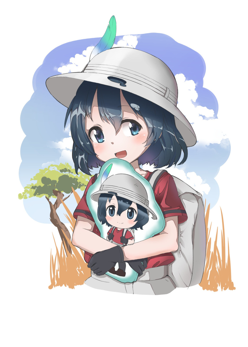 1girl absurdres animal_ears_(artist) backpack bag black_hair blush bucket_hat commentary_request eyebrows_visible_through_hair feathers gloves hat highres holding_object kaban_(kemono_friends) kemono_friends shirt short_hair short_sleeves shorts solo t-shirt